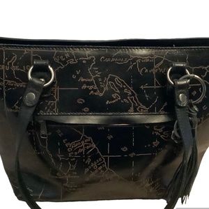 Patricia Nash Brown Leather Tote with Map Print Embossing